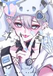  1boy animal_hat bandaid bandaid_on_face bandaid_on_finger bandaid_on_hand blue_eyes cross cross_earrings earrings hat highres jewelry kaminoq long_sleeves looking_at_viewer male_focus original piercing pointy_ears safety_pin solo star_(symbol) strap tongue tongue_out tongue_piercing v white_hair 