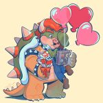 1:1 2025 2_horns 3_toes ambiguous_gender anthro armband artist_name backpack balloon bent_leg black_eyebrows black_facial_hair black_mustache blue_clothing blue_overalls blush blush_lines bouquet bowser bracelet brown_clothing brown_footwear brown_shoes claws clothed clothed_human clothed_male clothing collar colored curved_horn didy414 digital_drawing_(artwork) digital_media_(artwork) elemental_creature eyebrows eyeless eyes_closed facial_hair featureless_crotch feet floating flora_fauna flower footwear fully_clothed fully_clothed_human fully_clothed_male gloves green_clothing green_hat green_head green_headwear green_shell green_shirt green_topwear group hair hand_on_face handwear hat headgear headwear heart_balloon heart_symbol hi_res holding_bouquet holding_flower holding_object holidays horn human inflatable interspecies jewelry king kiss_on_lips koopa larger_anthro larger_human larger_male light lighting looking_at_another looking_at_partner love luigi male male/male male_anthro male_human mammal mario_bros motion_lines multicolored_body multicolored_scales mustache nintendo orange_eyebrows orange_hair overalls piranha_plant plant pockets red_bow red_eyes romantic romantic_couple royalty scales scalie shaded sharp_teeth shell shirt shoes short_hair simple_background size_difference smaller_ambiguous smaller_human smaller_male spiked_armband spiked_bracelet spiked_collar spiked_tail spikes spikes_(anatomy) standing sticker stickers_on_object super_mario_odyssey tail tail_motion tailwag tan_body tan_scales tan_spikes teeth text thick_eyebrows toe_claws toes topwear trio valentine's_day white_claws white_clothing white_gloves white_handwear yellow_background