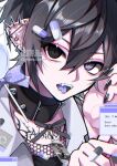  1boy black_hair black_nails black_ribbon commentary_request ear_piercing fangs hair_between_eyes hair_ornament hairclip head_tilt heterochromia highres kaminoq looking_at_viewer male_focus open_mouth original piercing pill pointy_ears purple_mouth razor ribbon solo tattoo teeth watermark 