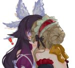  ! 2girls bare_shoulders black_hair blush bonnet braid braided_bun brown_hair columbina_(genshin_impact) commentary english_commentary genshin_impact hair_bun head_wings highres kiss kitsunetenma multiple_girls purple_eyes purple_streaks sandrone_(genshin_impact) simple_background unusually_open_eyes white_background white_bonnet wings yuri 