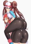  2girls ass bike_shorts black_legwear black_shorts blue_eyes blue_footwear bow breasts brown_hair commentary double_bun from_behind haruka_(pokemon) large_breasts looking_at_viewer mei_(pokemon) multiple_girls nagase_haruhito pantyhose pink_bow pink_legwear pokemon pokemon_(game) pokemon_bw2 pokemon_rse raglan_sleeves red_bandana shoes shorts simple_background sneakers socks twintails visor_cap white_background 