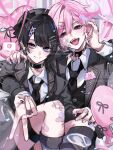  2boys bandaid bandaid_on_face bandaid_on_leg black_hair black_jacket blood commentary crossdressing crossdressing_(mtf) fangs hair_ornament hairpin highres jacket kaminoq multiple_boys multiple_hairpins necktie original pink_hair ribbon scar scar_on_leg speech_bubble tongue tongue_out untranslatable_commentary 