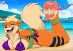 5_toes anthro badash01 barefoot bikini canid canine clothing feet female foot_fetish foot_focus generation_1_pokemon growlithe hi_res laugh mammal nintendo open_mouth orange_body pokemon pokemon_(species) soles solo swimwear tickling tickling_feet toes two-piece_swimsuit wrinkled_feet wrinkles