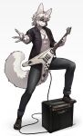 2026 abs absurd_res anthro biped bottomwear canid canine claws clothed clothed_anthro clothed_male clothing digital_drawing_(artwork) digital_media_(artwork) fingers footwear front_view fully_clothed fully_clothed_anthro fully_clothed_male fur guitar hair hi_res jewelry looking_at_viewer male mammal musical_instrument necklace pants pgm300 plucked_string_instrument shoes simple_background smile solo standing string_instrument tail teeth topwear