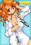  1990s_(style) 1girl akatsuki_gomoku arm_under_breasts arm_up blue_background blue_panties breast_pocket collared_shirt dress_shirt final_romance_4 long_hair long_sleeves mouth_hold no_bra no_pants non-web_source official_art ohno_yuri orange_eyes orange_hair panties partially_unbuttoned plaid_clothes plaid_panties pocket retro_artstyle round_eyewear shirt solo toothbrush toothbrush_in_mouth underwear uneven_eyes white_shirt 