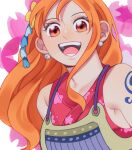  1girl armor bare_shoulders commentary earrings floral_print floral_print_kimono hair_ornament highres japanese_armor japanese_clothes jewelry kimono long_hair looking_at_viewer nami_(one_piece) official_alternate_costume one_piece open_mouth orange_eyes orange_hair pandar_op pearl_earrings print_kimono red_kimono shoulder_tattoo single_sidelock sleeveless sleeveless_kimono smile solo tattoo untranslatable_commentary upper_body wavy_hair 