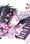  1boy blister_pack blood blood_from_eyes crossdressing crossdressing_(mtf) ear_piercing hair_between_eyes hair_ornament hairclip head_tilt heterochromia highres kaminoq looking_at_viewer male_focus original piercing pill pink_ribbon pointy_ears ribbon solo tongue tongue_out tongue_piercing watermark white_background 