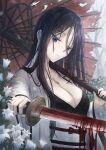  10ml 1girl bankai bare_tree black_hair black_kimono bleach bleach:_sennen_kessen-hen blood blood_sword blue_eyes breasts carrying_over_shoulder cleavage closed_mouth commentary_request day expressionless flower glint hair_between_eyes hands_up haori highres holding holding_sword holding_umbrella holding_weapon japanese_clothes katana kimono large_breasts long_hair long_sleeves looking_at_viewer mature_female minazuki_(bankai) oil-paper_umbrella outdoors red_umbrella scar scar_on_cheek scar_on_face solo straight_hair sword taichou_haori torn_umbrella tree umbrella unohana_retsu very_long_hair weapon white_flower white_haori wide_sleeves zanpakutou 