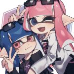 2girls black-framed_eyewear black_shirt blue_eyes blue_hair closed_mouth eyewear_on_head hand_up highres inkling inkling_girl inkling_player_character long_hair long_sleeves looking_at_viewer multiple_girls one_eye_closed open_mouth pink_eyes pink_hair pointy_ears prat_rat shirt smile splatoon_(series) tentacle_hair v watermark watermark_grid white_shirt 