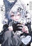  animal_ears black_jacket chain commentary commission crescent crescent_hair_ornament crossdressing crossdressing_(mtf) earrings gloves grey_pants hair_ornament highres holding holding_stuffed_toy jacket jewelry kaminoq nail_polish one_eye_closed original pants shirt skeb_commission star_(symbol) star_hair_ornament stuffed_toy untranslatable_commentary white_hair white_shirt 