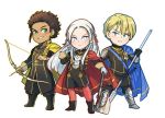  1girl 2boys armor axe blonde_hair blue_eyes blush brown_hair cape chibi claude_von_regan_(fire_emblem) cravat dark_skin dimitri_alexandre_bladud_(fire_emblem) edelgard_von_hresvelgr_(fire_emblem) fire_emblem fire_emblem:_fuukasetsugetsu gloves green_eyes hair_ornament hair_ribbon long_hair looking_at_viewer multiple_boys pantyhose polearm red_cape ribbon short_hair simple_background smile spear ticcy uniform weapon white_background 