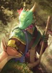  2019 anthro cervid claws clothed clothing digital_media_(artwork) dragon dragonborn druid dungeons_and_dragons eyes_closed feral forest green_scales holding_object horn jewelry magic_user mammal nature necklace outside petting plant potion satchel scales scalie seyumei smile staff standing tree tribal_spellcaster 