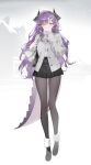  1girl absurdres beret black_horns black_pantyhose black_skirt blush commentary dragon_girl dragon_horns dragon_tail full_body grey_jacket hair_intakes hands_up hat highres horns jacket k1m0w07 korean_commentary long_hair long_sleeves miniskirt pantyhose parted_bangs partially_unbuttoned pleated_skirt pointy_ears purple_hair sakihane_huya skirt solo standing stellive tail very_long_hair virtual_youtuber white_background white_hat yellow_eyes 