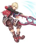  1boy blonde_hair blue_eyes highres looking_at_viewer male_focus monado open_mouth short_hair shulk simple_background solo sword weapon white_background xenoblade_(series) xenoblade_1 yappen 