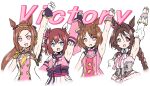  4girls :d animal_ears arm_up armpits ascot blue_eyes bow braid braided_ponytail brown_hair commentary_request detached_sleeves english_text fingerless_gloves flower-shaped_pupils gloves highres horse_ears horse_girl looking_at_viewer multiple_girls open_mouth pink_ascot pink_eyes ponytail purple_bow sakura_bakushin_o_(blossom_in_learning)_(umamusume) sakura_bakushin_o_(umamusume) sakura_chitose_o_(umamusume) sakura_chiyono_o_(strength_in_full_bloom)_(umamusume) sakura_chiyono_o_(umamusume) sakura_laurel_(saisir_le_reve)_(umamusume) sakura_laurel_(umamusume) sash sleeveless smile symbol-shaped_pupils tomozawa1022 umamusume victory_club_(umamusume) white_gloves 