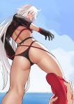  1girl ahoge ass ayakumo bikini black_bikini black_gloves black_jacket breasts cloud cloudy_sky commentary_request covered_clitoris cropped_jacket fate/grand_order fate_(series) from_below gloves highres jacket jeanne_d&#039;arc_(alter_swimsuit_berserker) jeanne_d&#039;arc_(fate)_(all) jeanne_d&#039;arc_(swimsuit_archer) large_breasts long_hair o-ring o-ring_bikini o-ring_bottom o-ring_top ocean open_mouth red_legwear removing_legwear shrug_(clothing) silver_hair single_thighhigh sky swimsuit thighhighs very_long_hair white_hair yellow_eyes 