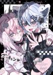  2boys animal_ears black_nails blue_hair closed_mouth collar commentary commission fangs feathered_wings heart highres kaminoq long_sleeves looking_at_viewer looking_to_the_side male_focus multiple_boys one_eye_closed open_mouth original pink_hair skeb_commission skin_fangs smile spiked_collar spikes tongue untranslatable_commentary v wings 