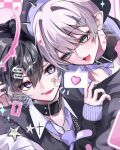  2boys bandaid bandaid_on_face black_choker black_hair blue_eyes choker collared_shirt commentary_request hair_between_eyes hair_ornament hairclip halo heart highres kaminoq long_sleeves looking_at_another male_focus multiple_boys necktie original pointy_ears purple_eyes razor ribbon shirt smile star_(symbol) teeth white_hair 