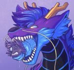 2026 2_horns anthro anthro_prey antlers black_body black_fur black_nose blonde_facial_hair blonde_mustache blue_background blue_body blue_eyebrows blue_fur blue_inner_ear blue_inner_ear_fluff blue_insides blue_mane blue_sclera blue_tongue bluestripedrenulian canid canine dragon duo eastern_dragon eyebrows facial_hair feral feral_pred forked_tongue fur furred_dragon furred_scalie grey_body grey_ears grey_fur grey_inner_ear_fluff hi_res horn in_mouth inner_ear_fluff larger_feral male male_anthro male_feral male_pred male_prey mammal mane multicolored_body multicolored_fur mustache mythological_creature mythological_scalie mythology one_eye_closed oral_vore orange_antlers orange_horn purple_body purple_ears purple_fur scalie sharp_teeth simple_background size_difference smaller_anthro snout teeth tongue tongue_around_body tuft vore white_eyes yellow_eyes