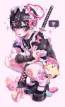  1boy apron arm_warmers bag bandaid bandaid_on_arm bandaid_on_face bandaid_on_knee bandaid_on_leg blister_pack crossdressing crossdressing_(mtf) earrings hair_between_eyes halo heart heart_halo highres jewelry kaminoq katana looking_at_viewer maid_apron maid_headdress male_focus original piercing pink_ribbon pointy_ears razor ribbon safety_pin shoulder_bag solo sparkle squatting sword tongue tongue_out tongue_piercing watermark weapon white_background yami_kawaii 