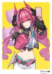  absurdres arknights arknights:_endfield black_gloves blue_eyes blue_hair breasts cellphone commentary_request detached_sleeves dragon_girl dragon_horns flip_phone fmg gloves highres horns large_breasts licking_lips midriff multicolored_gloves pants phone pink_gloves pink_hair tongue tongue_out twintails two-tone_gloves white_pants yvonne_(arknights) 