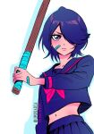  1girl bandaid bandaid_on_cheek bandaid_on_face black_eyes black_hair black_serafuku bleach bleach:_the_high_school_warfare bokken breasts commentary english_commentary expressionless frown hair_over_one_eye highres holding holding_weapon kuchiki_rukia lips midriff navel pink_lips pleated_skirt school_uniform serafuku skirt small_breasts solo sword tumblr_username umbra_(edits_umbra) upper_body watermark weapon wooden_sword 