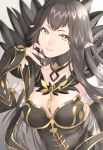  1girl akapug621 black_dress black_hair breasts cleavage commentary_request dress fate/grand_order fate_(series) feather_trim large_breasts long_hair pointy_ears semiramis_(fate) sidelocks solo very_long_hair yellow_eyes 