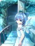  1girl :o adapted_costume anmiko arm_at_side black_bow blue_dress blue_eyes blue_hair blush bow bridge cirno commentary_request cool_colored cowboy_shot detached_wings dress from_behind hair_bow hand_up ice ice_wings looking_at_viewer looking_back open_mouth pillar railing short_hair short_sleeves solo touhou tree wings 