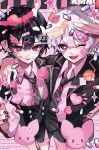  2boys bandaid bandaid_on_face bandaid_on_leg bandaid_on_neck black_nails cake collared_shirt commentary food from_above hand_on_another's_shoulder heart heart-shaped_pupils highres kaminoq looking_at_viewer male_focus multiple_boys necktie one_eye_closed open_mouth original piercing pill pointy_ears shirt shorts sparkle symbol-shaped_pupils tongue tongue_out tongue_piercing untranslatable_commentary 