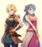  2girls anbe_yoshirou aqua_eyes aqua_hair bangs bare_shoulders bianca blonde_hair bow braid breasts cape choker cleavage closed_mouth commentary_request dagger dragon_quest dragon_quest_v dress earrings feather_trim feathers fingernails flora freckles hair_bow hands_on_hips hands_together highres jewelry long_hair looking_at_viewer medium_breasts multiple_girls pantyhose simple_background single_braid skirt sleeveless sleeveless_dress smile weapon 