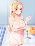  1girl azur_lane bangs bathroom black_ribbon blonde_hair blush braid breast_hold breasts checkered checkered_floor checkered_wall cleavage closed_mouth collarbone commentary_request french_braid hair_between_eyes hair_ribbon hand_up highres king_george_v_(azur_lane) large_breasts long_hair looking_at_viewer naked_towel red_eyes ribbon sidelocks smile solo standing towel user_ussf5285 wet 