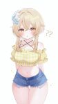  1girl ? ?? absurdres alternate_costume arms_behind_back bare_shoulders blonde_hair blue_shorts blush breasts commentary_request crop_top cutoffs denim denim_shorts flower fuminshou_(nekopan_art) genshin_impact hair_flower hair_ornament highres looking_at_viewer lumine_(genshin_impact) medium_breasts midriff navel open_mouth shirt short_shorts shorts simple_background solo thigh_gap white_background yellow_eyes yellow_shirt 
