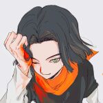  1boy ako_(eanaaati1) android_17 bandana bandana_around_neck black_hair black_shirt blood blood_on_clothes blood_on_hands chinese_commentary closed_mouth commentary_request curtained_hair dragon_ball green_eyes hand_on_own_head highres layered_sleeves long_sleeves looking_at_viewer male_focus one_eye_closed orange_bandana parted_bangs port shirt short_hair short_over_long_sleeves short_sleeves simple_background smile solo t-shirt white_background 