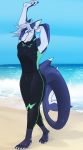  2019 5_fingers anthro beach clothed clothing detailed_background digital_media_(artwork) fin fish hair kodashi male marine seaside shark sky smile solo standing 