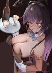  1boy 1girl bare_shoulders black_hair black_leotard blue_archive blue_bow blue_bowtie blush bottle bow bowtie breasts cleavage collarbone commentary cup dark-skinned_female dark_skin detached_collar disembodied_hand drinking_glass gloves grabbing_another's_breast gradient_hair groping holding holding_tray inana123 karin_(blue_archive) karin_(bunny)_(blue_archive) large_breasts leotard long_hair looking_back multicolored_hair nipples ponytail purple_hair tray very_long_hair white_gloves wine_bottle wine_glass wrist_cuffs yellow_eyes 