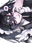  1boy apron commentary_request crossdressing crossdressing_(mtf) eyelid_pull finger_piercing finger_to_eye hair_ornament hairclip highres kaminoq maid maid_apron maid_headdress original razor_blade_earrings speech_bubble tongue tongue_out white_eyes 