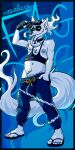  5_toes anthro armpit_hair baseball_cap big_bulge body_hair bottomwear bulge canid canine canis chest_tuft chin_tuft choker clothed clothing domestic_dog facial_tuft feet flip_flops footwear hair hat headgear headwear hi_res jewelry long_hair long_tongue male mammal naudiz_(artist) necklace nipples pants plantigrade pubes raised_arm raised_clothing raised_shirt raised_tank_top raised_topwear sagging_pants sandals shirt shoes slur solo tail tank_top tipping_hat toes tongue tongue_out topwear tuft wolf 
