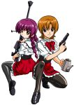  2girls ass bandabekken bipod black_pantyhose black_shoes blue_eyes bow bowtie braid bronze_parrot brown_hair closed_mouth coffee_pot cummerbund dot_mouth finger_on_trigger frilled_shirt frills full_body gun hand_up handgun hiiragi_najica holding holding_coffee_pot holding_gun holding_weapon lila_(najica) loafers long_hair looking_at_viewer looking_back multiple_girls najica_dengeki_sakusen orange_eyes pantyhose pleated_skirt purple_hair red_bow red_bowtie red_skirt rifle shirt shoes short_hair simple_background skirt smile sniper_rifle twin_braids waitress weapon white_background white_shirt 