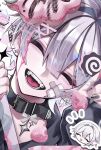  1boy bandaid bandaid_on_face belt_collar blood blur_censor censored closed_eyes collar commentary_request crossdressing crossdressing_(mtf) fangs food fruit highres holding holding_knife holding_weapon kaminoq knife male_focus open_mouth original pink_blood ribbon strawberry weapon white_hair 