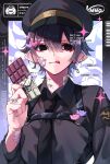  1boy bandaid bandaid_on_arm bandaid_on_face black_eyes black_nails black_necktie blood blood_from_eyes body_straps candy chocolate chocolate_bar collared_shirt commentary ear_piercing food hair_between_eyes hair_ornament hairclip highres holding holding_chocolate holding_food kaminoq looking_to_the_side male_focus necktie original piercing pill pointy_ears shirt solo tongue tongue_out untranslatable_commentary watermark 