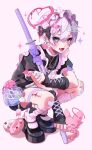  1boy apron arm_warmers bag bandaid bandaid_on_face bandaid_on_leg black_ribbon blood commentary_request donut earrings food halo heart heart_halo highres jewelry kaminoq katana looking_at_viewer maid_apron maid_headdress male_focus open_mouth original pointy_ears ribbon ring shoulder_bag solo sparkle squatting sword watermark weapon white_background zipper zipper_pull_tab 