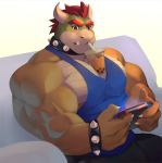  2019 4_fingers anthro beverage bottomwear bowser bozi bracelet bubble_tea clothing collar eyebrows hair hands-free_bubble_tea hi_res horn jewelry koopa male mario_bros meme muscular muscular_male nintendo nintendo_switch pants pecs red_eyes red_hair scalie shirt solo spiked_bracelet spiked_collar spikes tank_top topwear video_games 