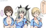  3girls :o alternate_costume anchovy aoshidan_school_uniform black_ribbon blonde_hair blue_shirt blush braid breast_pocket breasts brown_eyes brown_hair cleavage closed_eyes collarbone cup darjeeling embarrassed eyebrows_visible_through_hair facing_viewer girls_und_panzer green_hair hair_ribbon holding holding_cup holding_saucer katakori_sugita large_breasts long_hair looking_at_viewer looking_to_the_side multiple_girls nishizumi_maho pocket red_eyes ribbon school_uniform shirt short_hair short_sleeves simple_background teacup tied_hair twintails twitter_username upper_body white_background 