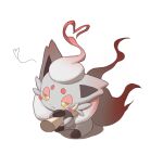 2025 ambiguous_gender black_body black_fur blush dipstick_tail disembodied_hand duo feral fur generation_8_pokemon grey_body grey_ears grey_fur heart_symbol hisuian_form hisuian_zorua holding_arm human mammal markings neck_tuft nintendo pokemon pokemon_(species) red_body red_fur red_tail_tip regional_form_(pokemon) rokroc205 simple_background solo_focus tail tail_markings tuft white_background white_tail yellow_eyes