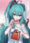  absurdres ahoge alternate_costume aqua_hair aqua_nails bag blue_eyes blue_hair blush_stickers can candy chocolate chocolate_bar clothes_writing commentary_request dot_nose double-parted_bangs food hair_between_eyes hatsune_miku highres holding holding_can holding_chocolate holding_food lollipop long_hair magarikado_(mgrkd) messy_hair nail_polish number_tattoo obligation_chocolate plastic_bag shirt single_bare_shoulder solo speech_bubble tattoo translation_request upper_body valentine very_long_hair vocaloid white_shirt 