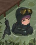  1girl absurdres black_bodysuit bodysuit breathing_tube diving_mask diving_mask_on_head diving_suit finger_on_trigger goggles goggles_on_head green_eyes gun highres holding holding_gun holding_weapon lily_pad looking_at_viewer original partially_submerged purple_hair scuba solo submachine_gun user_uwzp3724 weapon wetsuit 