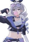 1girl 961_kuru absurdres black_gloves black_sports_bra blowing_bubble_gum chewing_gum commentary_request crossed_bangs drill_hair drill_ponytail eyewear_on_head fingerless_gloves fur-trimmed_jacket fur_trim gloves grey_eyes grey_hair hair_between_eyes hair_ornament hair_ribbon hairclip highres honkai:_star_rail honkai_(series) jacket long_hair looking_at_viewer midriff navel purple-tinted_eyewear ribbon shirt silver_wolf_(honkai:_star_rail) simple_background single_drill solo sports_bra thumbs_down tinted_eyewear upper_body white_background white_shirt 