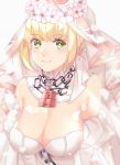  1girl akapug621 bare_shoulders blonde_hair breasts bridal_veil chain cleavage commentary_request detached_collar detached_sleeves fate/grand_order fate_(series) flower green_eyes hair_flower hair_ornament large_breasts leotard lock nero_claudius_(bride)_(fate) nero_claudius_(fate)_(all) petals short_hair solo strapless strapless_leotard upper_body veil white_leotard white_sleeves zipper zipper_pull_tab 