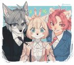  2019 anthro black_nose blonde_hair blue_eyes bunny_ears_(gesture) canid canine canis clothing domestic_dog eyewear felid female fur gesture glasses green_eyes grey_fur grey_hair grin group hair lion looking_at_viewer male mammal multicolored_fur necktie pantherine pink_eyes pink_hair pink_nose rin_(zuekrz) sebastian_(zuekrz) shiba_inu shirt smile spitz suit tan_fur theo_(zuekrz) topwear two_tone_fur white_fur zuekrz 