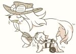  2boys absurdres animal_focus animalization blue_eyes closed_eyes commentary dog english_commentary goggles goggles_on_headwear grin gyro_zeppeli hat highres johnny_joestar jojo_no_kimyou_na_bouken m_a_a_m_8 monochrome multiple_boys no_humans smile spot_color steel_ball_run walking 